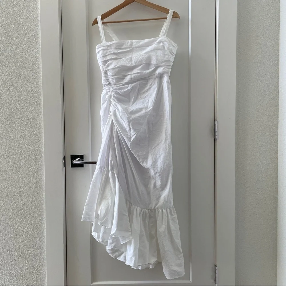 cinq a sept White High-Low Ruffled Strap Dress